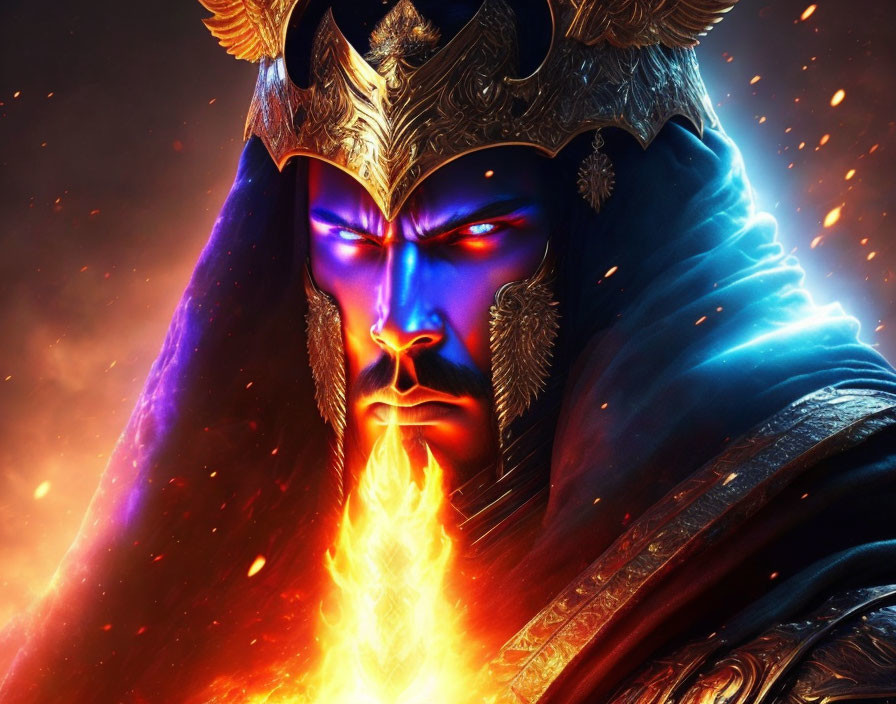 Digital Art: Fiery Beard, Blue Skin, Golden Crown in Inferno Background