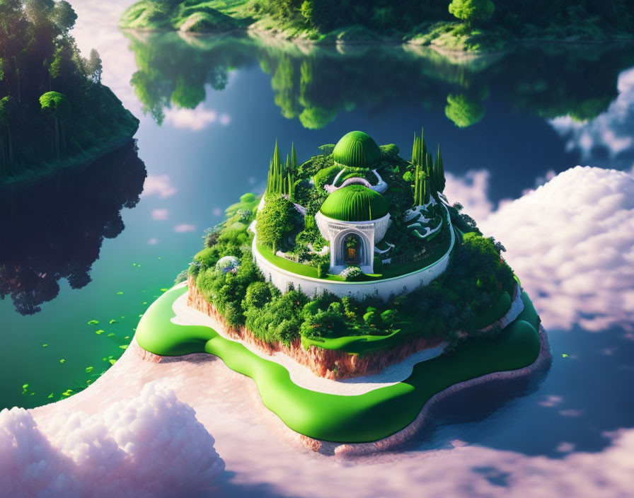 Fantasy floating island with lush greenery and cloud reflection