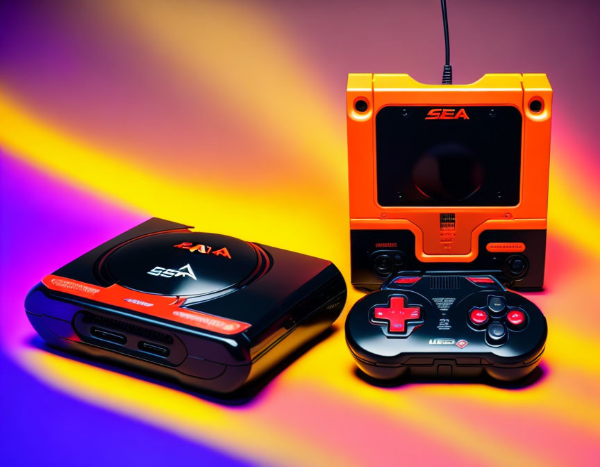 Vintage gaming consoles with controllers on colorful gradient backdrop