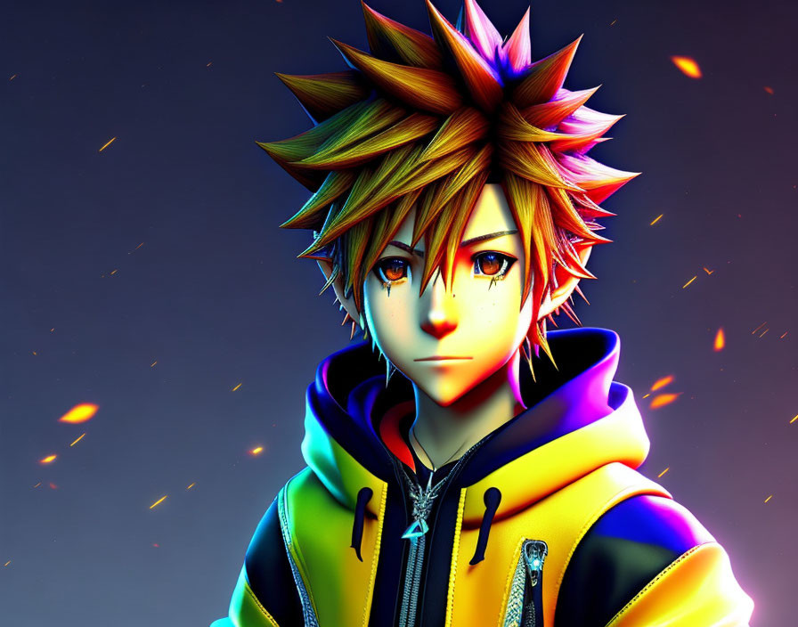 Spiky-Haired Animated Character in Yellow and Black Hoodie on Dark Background