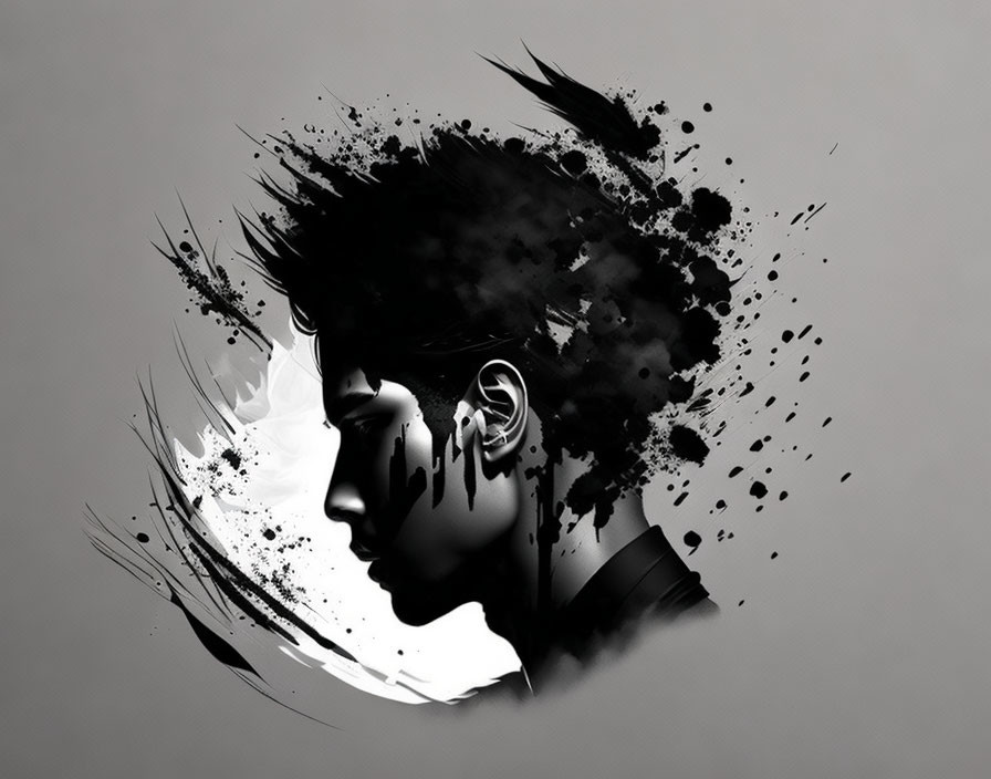 Monochrome profile illustration with fragmented splatter effect