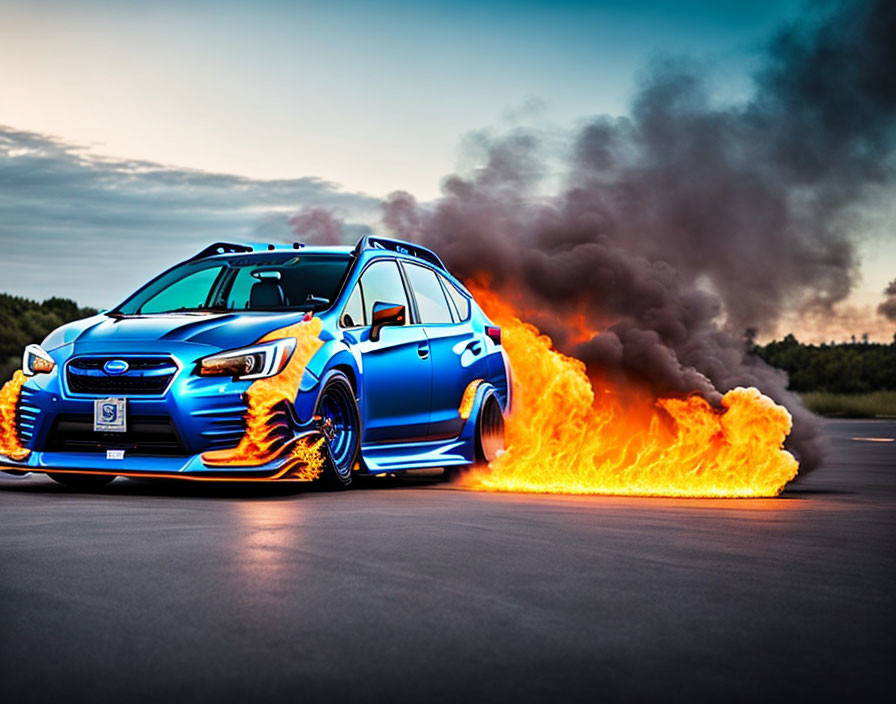 Blue sports car burnout with orange flames and black smoke on asphalt road