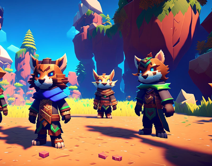 Anthropomorphic Fox Characters in Warrior Outfits in Colorful Forest