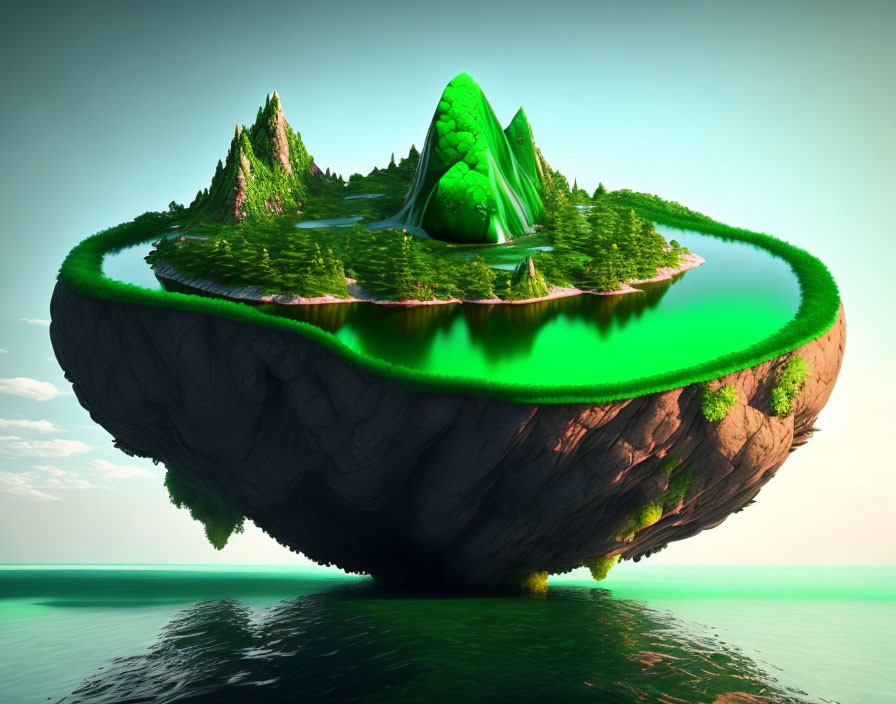Tranquil floating island with lush greenery and serene ocean views