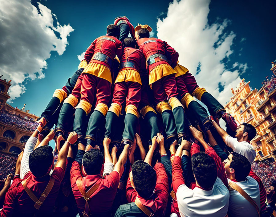 Human Tower in Red and Yellow Attire Against Historical Building