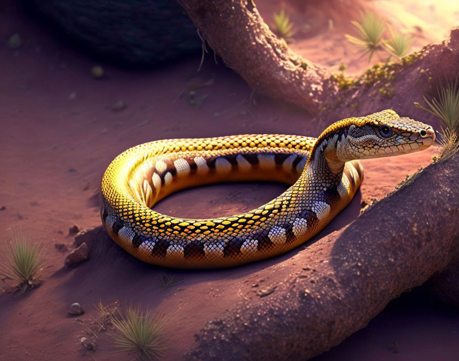 Yellow and Brown Snake with Fangs in Natural Habitat