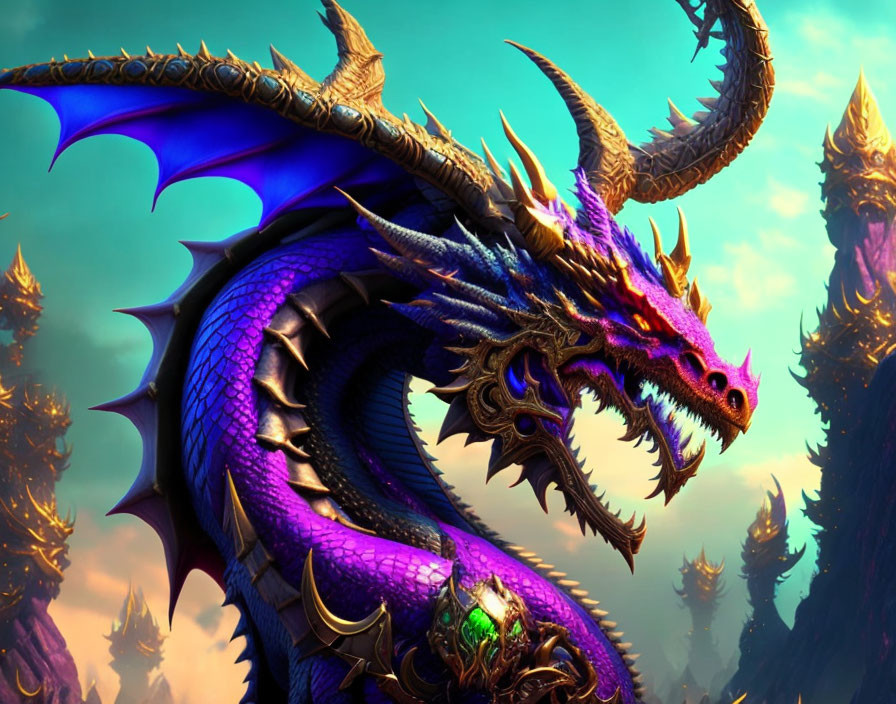Majestic purple dragon with golden horns and spikes against towering spires under blue sky