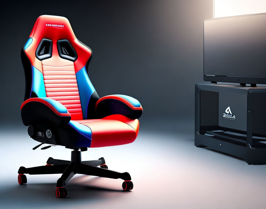 Red and Blue Racing-Style Gaming Chair with Black Base Next to Gaming Console and TV Stand on Gray