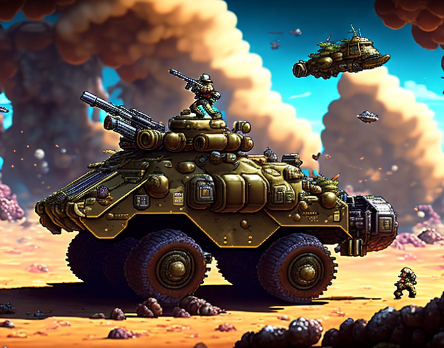 Futuristic battle tank with multiple turrets and drones on barren landscape
