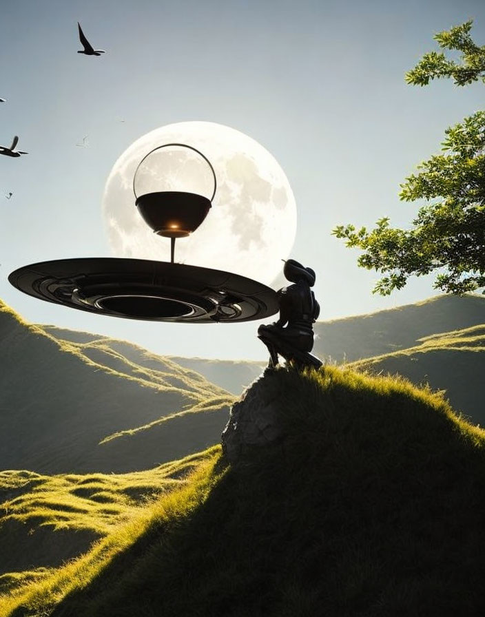 Silhouette person gazes at UFO on lush hilltop