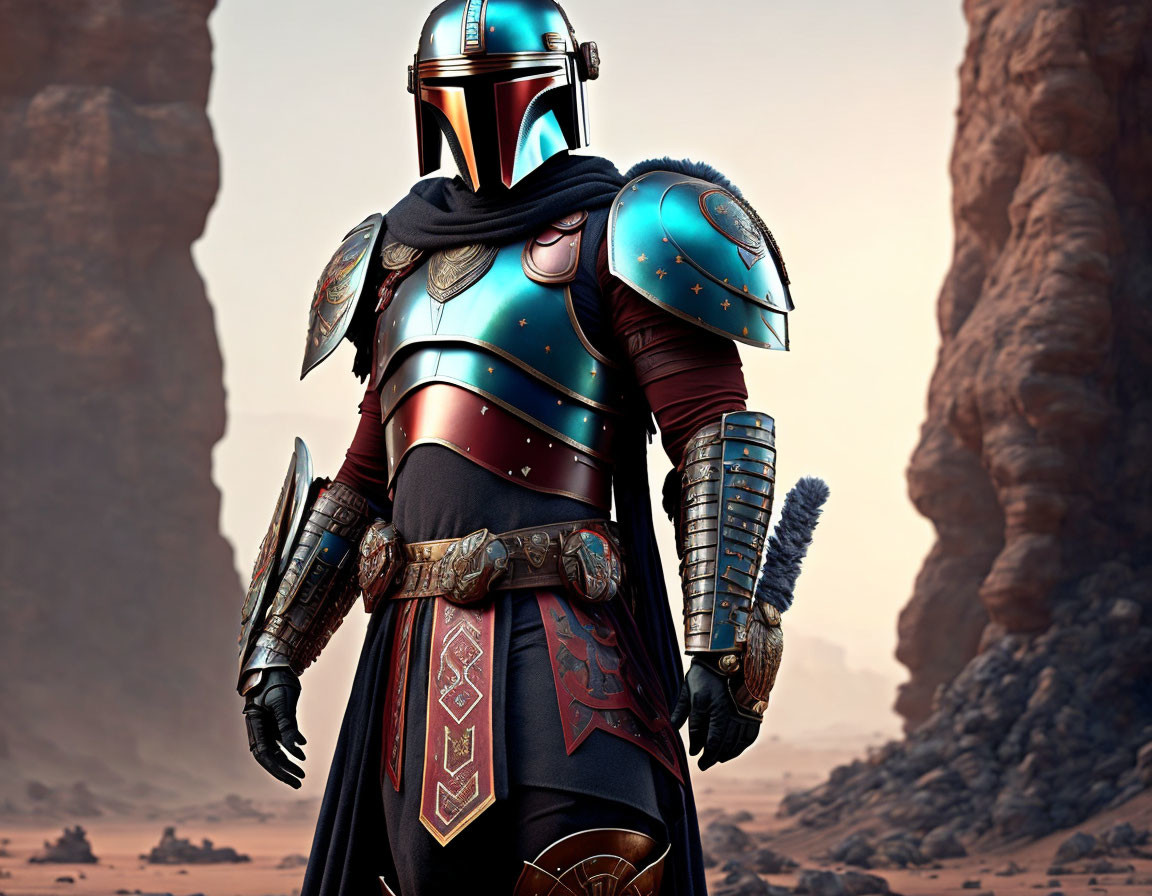 Person in Blue and Red Armor in Desert Landscape with Rock Formations