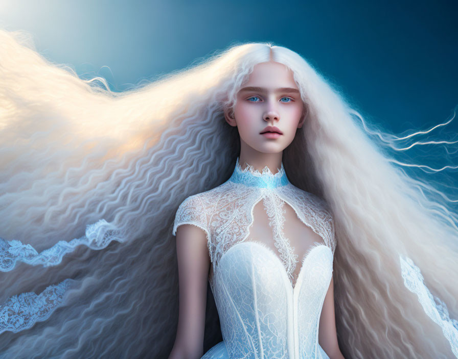 Ethereal woman with long blond hair in lace gown on blue background