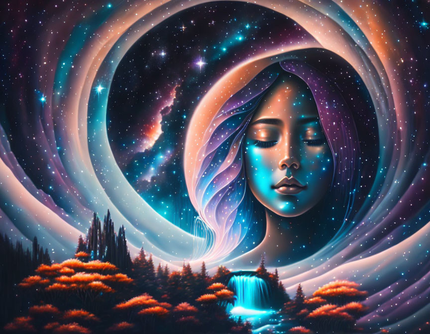 Illustration of woman's face merging with starry sky and cosmic elements