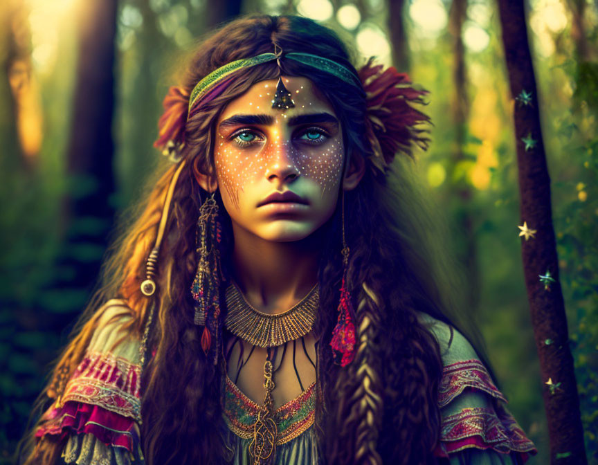 Young woman in bohemian attire with face paint in mystical forest setting