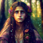 Young woman in bohemian attire with face paint in mystical forest setting