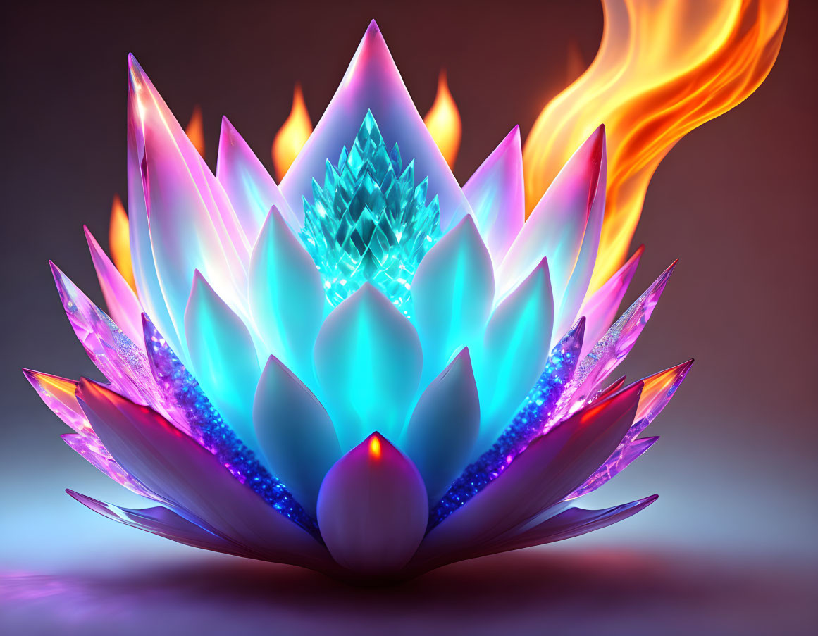 Colorful Lotus Flower with Blue, Purple Petals & Orange Flame