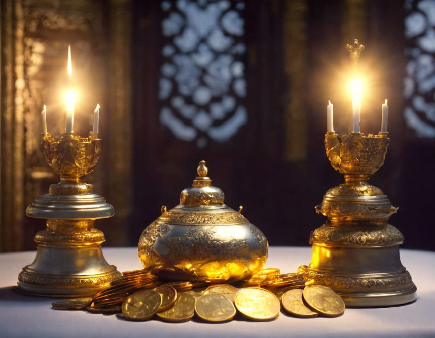 Antique table setting with lit candles, metal pot, and coins