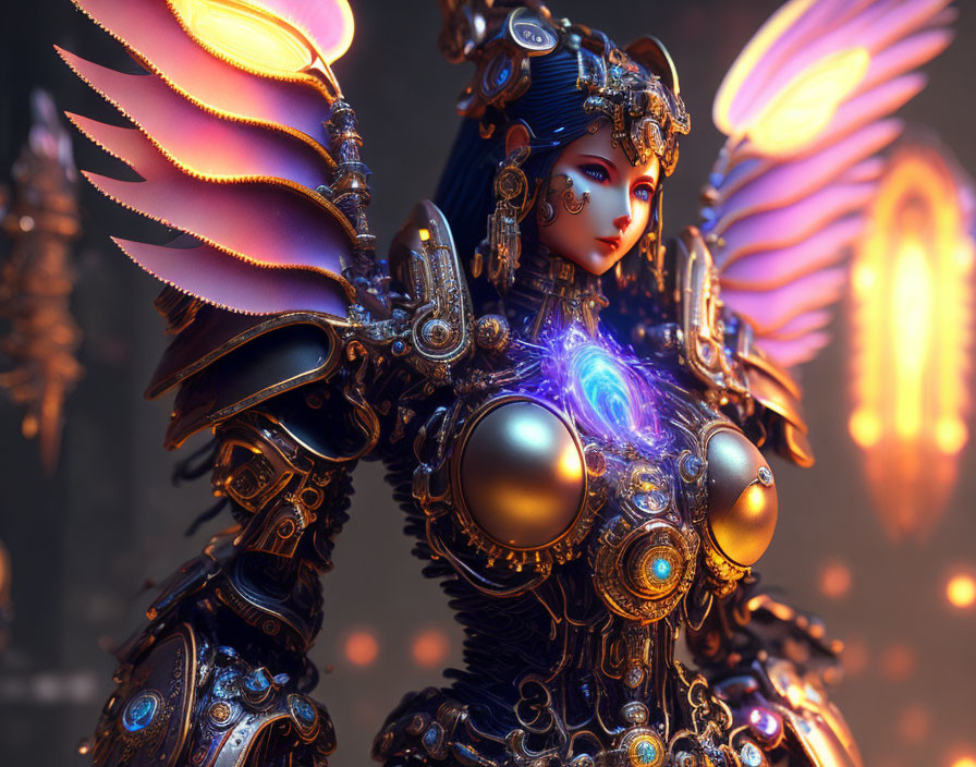 Fantasy character in metallic armor with glowing wings against dark backdrop