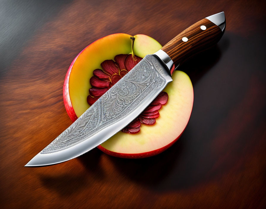 Ornately patterned knife on sliced apple with red flower on wooden surface