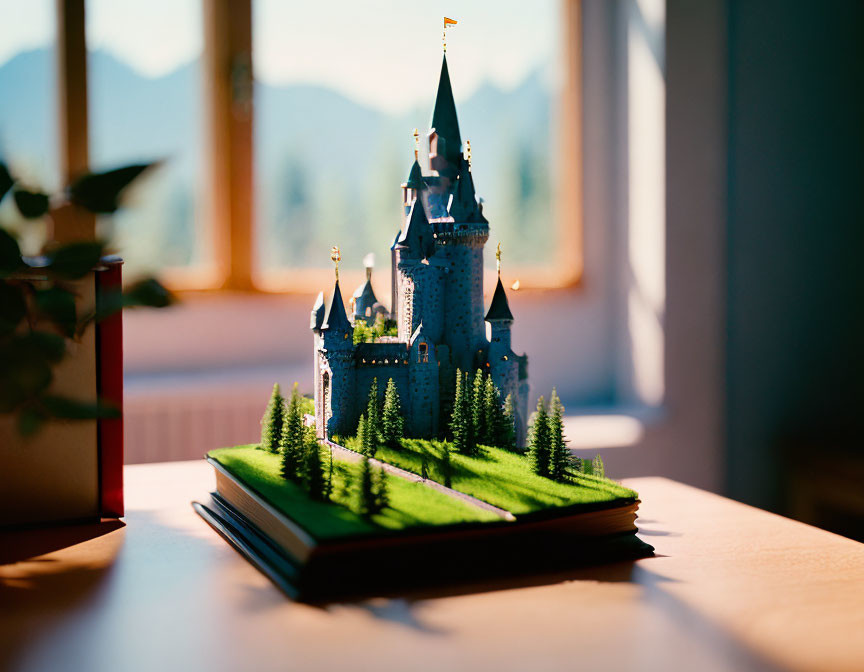 Miniature castle with turrets on book hill under warm sunlight