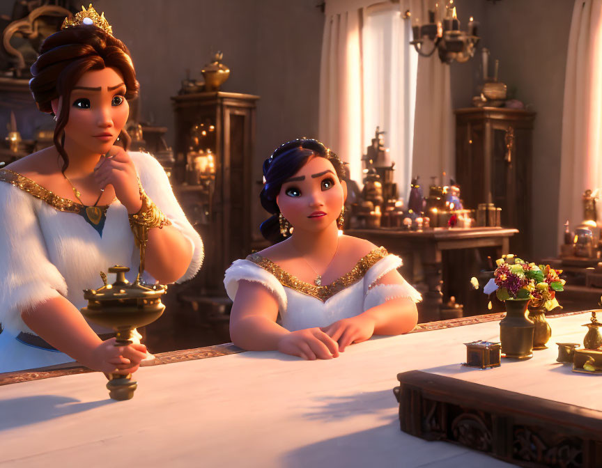 Two pensive animated female characters in royal attire in a grand candlelit room