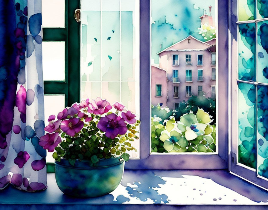 Colorful watercolor painting of purple flowers in blue pot on windowsill with view of quaint building.