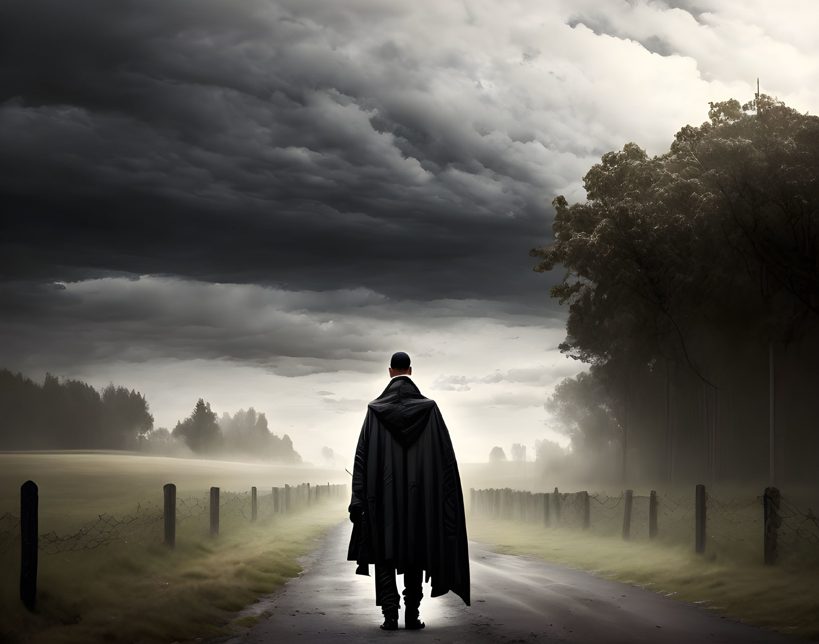 Mysterious figure on foggy road under stormy sky