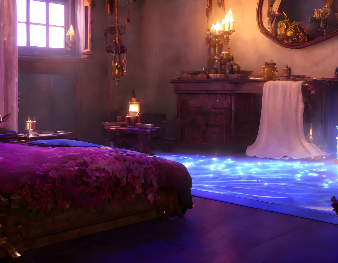 Purple-themed bedroom with flowing light river, candles, and scattered flowers