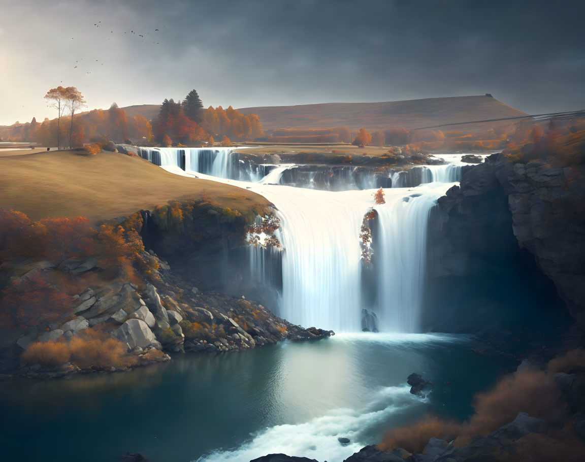 Tranquil waterfall in autumn setting with dramatic sky