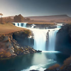 Tranquil waterfall in autumn setting with dramatic sky