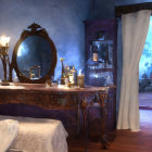 Vintage vanity with mirror in whimsical room with candles, potions, and flowers overlooking mystical forest landscape