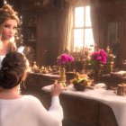 Two pensive animated female characters in royal attire in a grand candlelit room