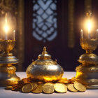 Antique table setting with lit candles, metal pot, and coins