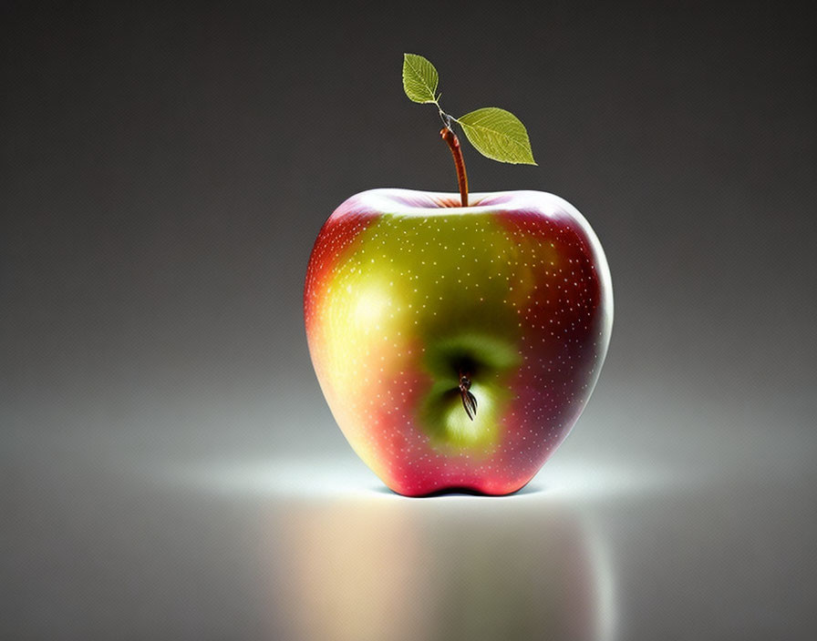 Colorful red and green apple with leafy sprout on reflective surface against gradient backdrop