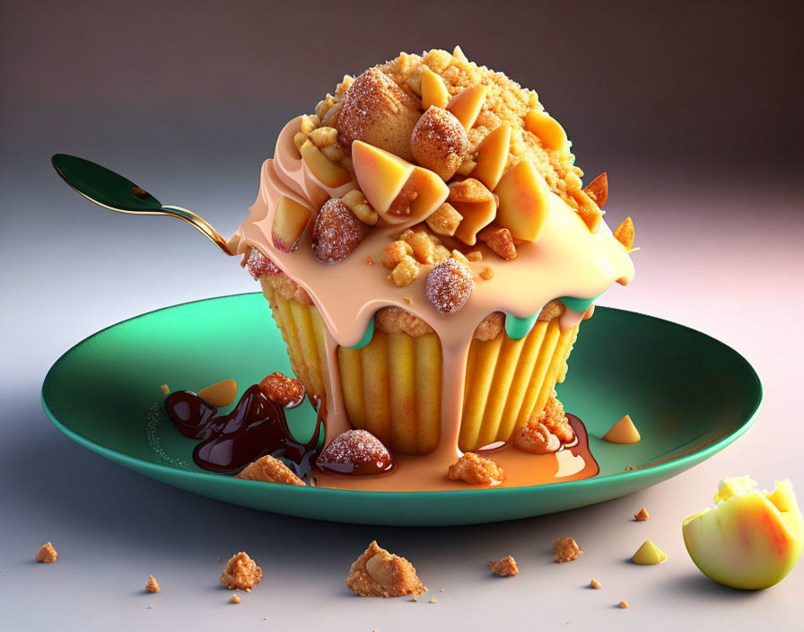 Detailed Illustration: Cupcake with Caramel Icing, Nuts, and Fruit Pieces on Plate