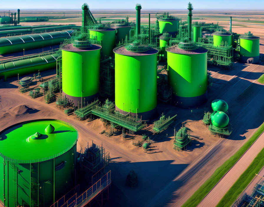 Industrial facility with green storage tanks, pipes, and machinery amidst cultivated fields