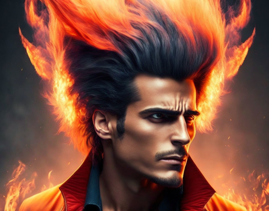 Man with stylized flaming hair and red jacket in intense gaze against fiery backdrop