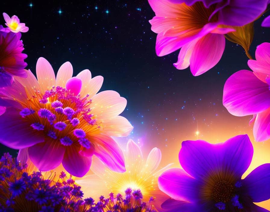 Colorful Neon Flowers on Starry Night Sky with Warm Glow