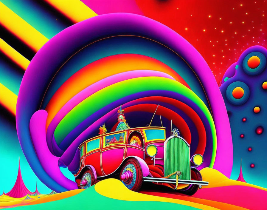 Colorful vintage car with psychedelic patterns on neon rainbow backdrop