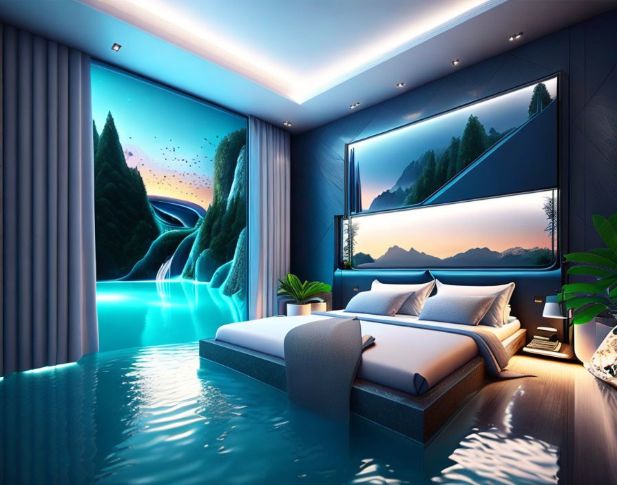 Luxurious Bedroom with Integrated Pool and Modern Furniture