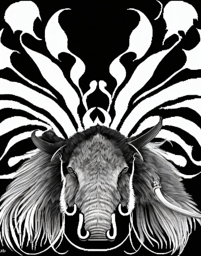 Monochromatic yak head illustration with symmetrical patterns