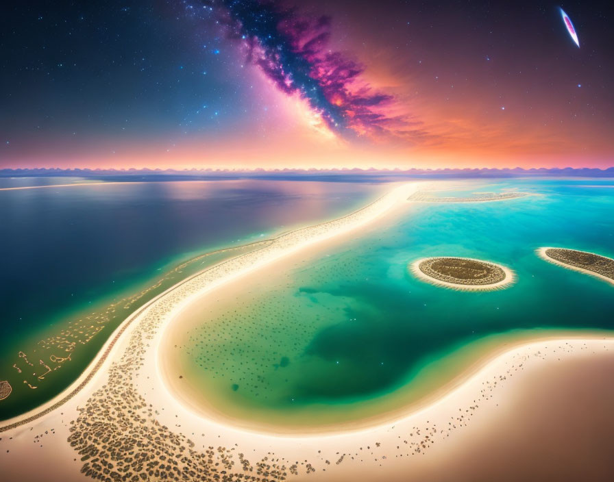 Surreal coastal landscape with vibrant starry sky and comet