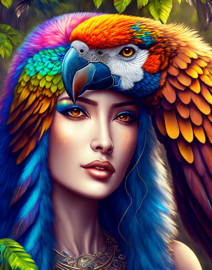 Colorful Surreal Illustration: Woman's Face with Parrot Features