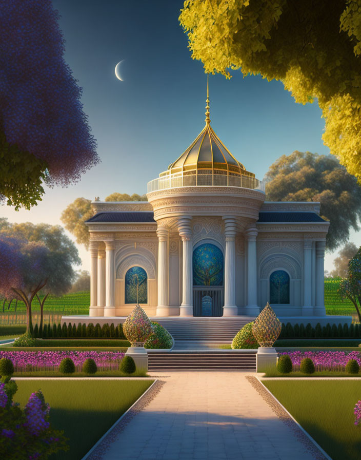 Neoclassical building with dome in manicured garden at dusk