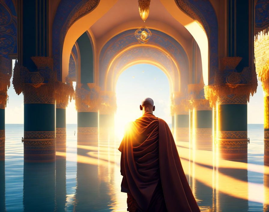 Monk in flowing robe before ornate hall with sunlit arches and serene water.