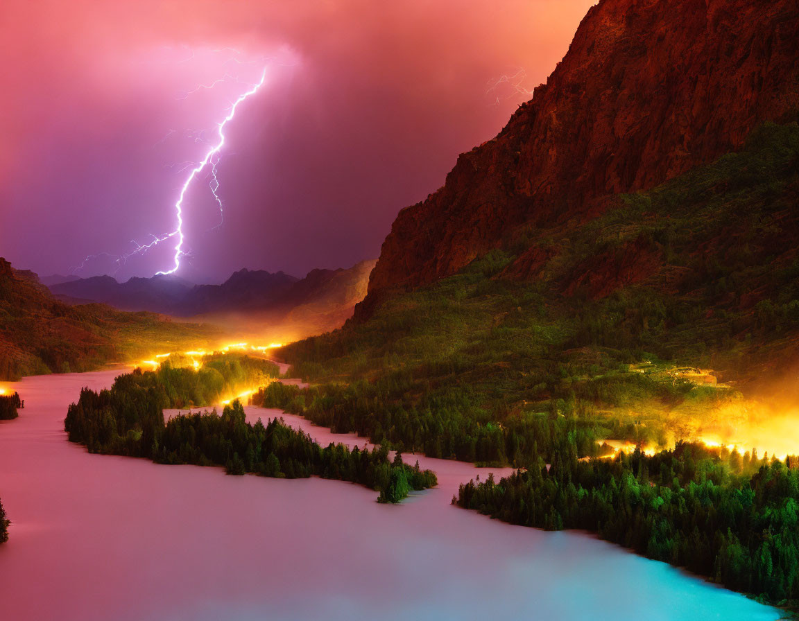 Dramatic landscape with lightning strikes and rugged mountains