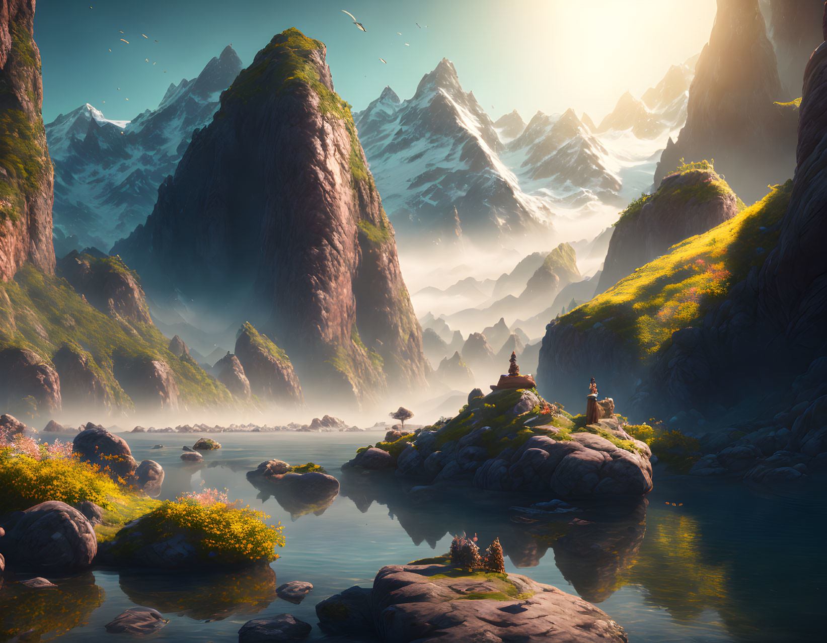 Majestic mountains, calm river, rocks, greenery, person on boulder under luminous