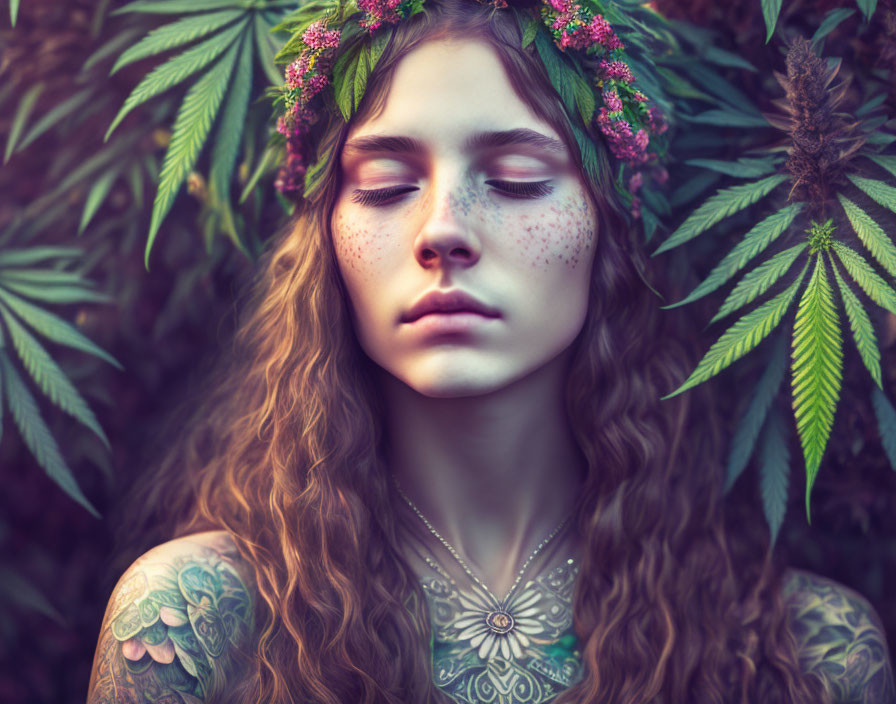 Woman with floral crown and tattoos among large leaves.