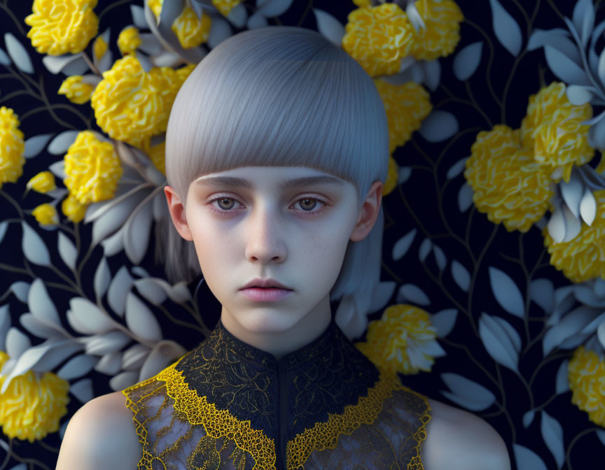 Platinum blonde person amid yellow flowers and dark leaves