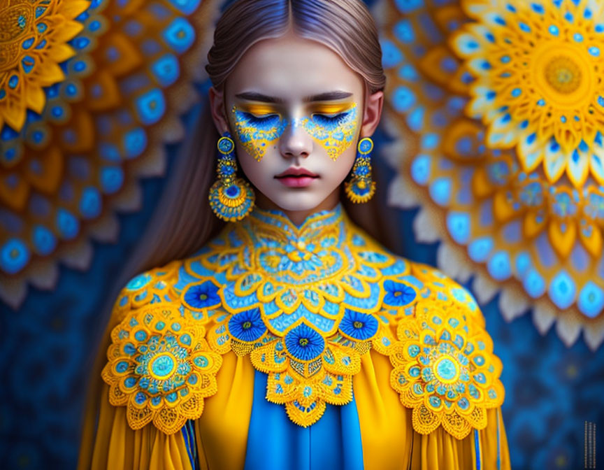 Intricate Yellow and Blue Face Paint with Ornate Costume on Symmetrical Golden Patterns